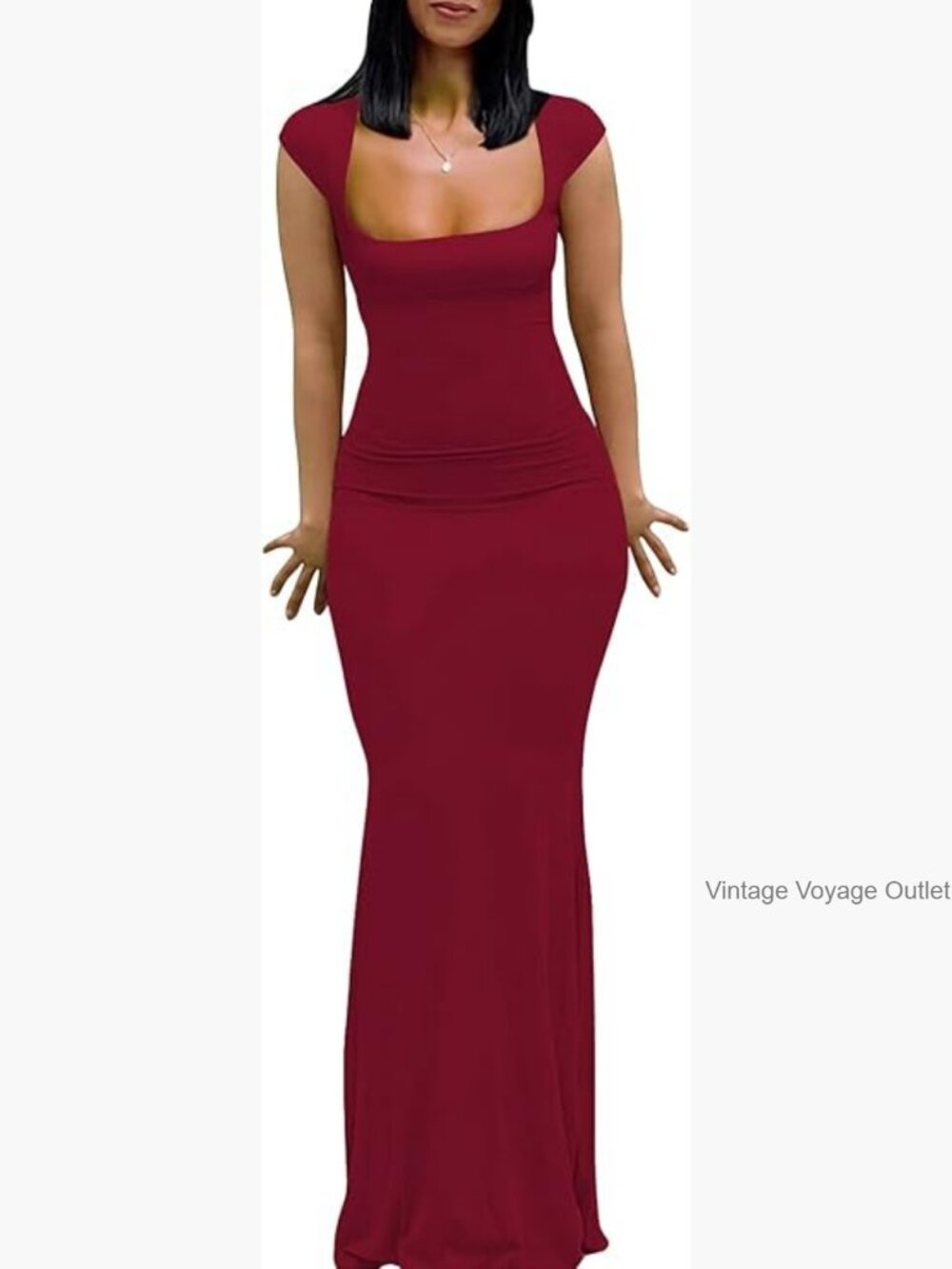 Maxi Dress Bodycon Mermaid Hem Square Neck Cap Sleeve Evening Party
